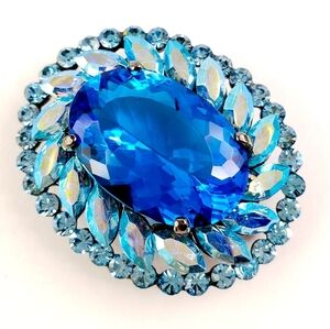 Vintage Brooch Pendant Pin Large Faceted Glass + Blue AB Rhinestones  A0207